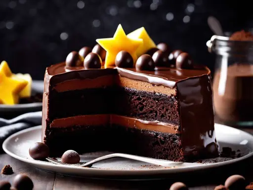 Un délicieux gâteau au chocolat à plusieurs étages, nappé de glaçage brillant et décoré de boules de chocolat et d'étoiles jaunes.