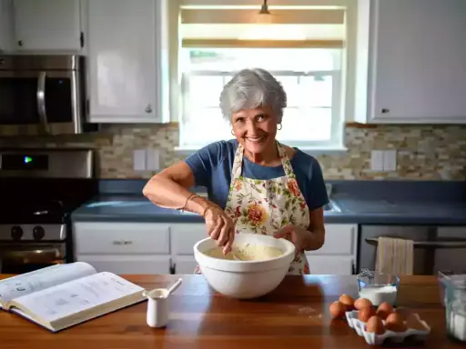 Une grand-mère souriante prépare une pâte. Elle sait à quoi sert la levure chimique : à rendre ses gâteaux légers et aériens !