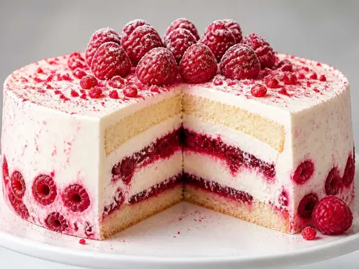 Gâteau à étages blanc et rose, garni de framboises fraîches et de poudre de framboise. Un délice fruité !
