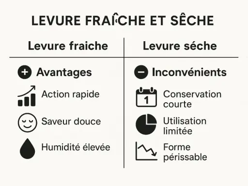 Tableau comparatif : équivalence levure fraîche et sèche. Avantages de la levure fraîche (rapide, saveur douce, humidité) vs inconvénients de la levure sèche (conservation courte, utilisation limitée, périssable).