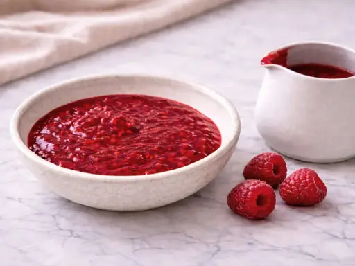 Un bol et un pichet remplis de nappage framboise facile, avec des framboises fraîches à côté.
