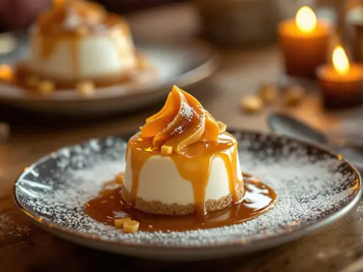 Un dessert crémeux avec une décoration caramel facile, saupoudré de sucre glace et de petits cubes de caramel. Ambiance chaleureuse avec des bougies.