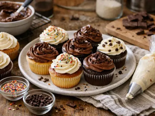 Plate of cupcakes with chocolate and vanilla frosting, sprinkles, and chocolate chips. A piping bag and ingredients suggest a moment of décoration cupcake facile.