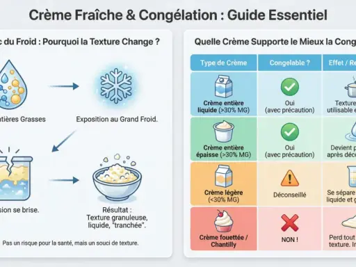 Guide sur la congélation de la crème : la crème liquide (>30% MG) se congèle avec précaution, mais sa texture est altérée.