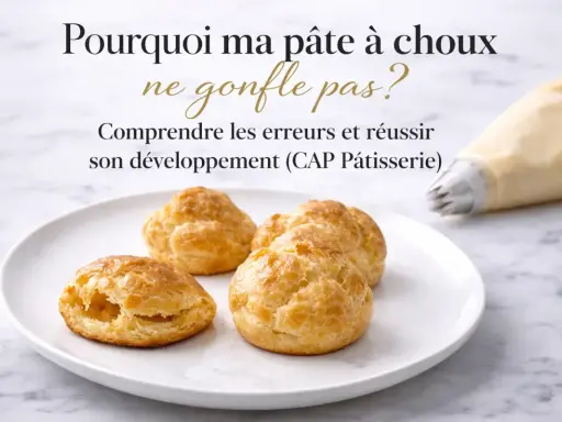 Pâte à choux sur une assiette, avec une poche à douille en arrière-plan. Le texte interroge : "Pourquoi ma pâte à choux ne gonfle pas ?