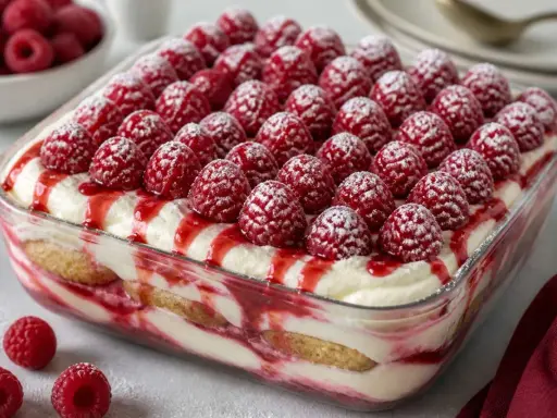 Tiramisu framboise, recette italienne. Un dessert crémeux et fruité, garni de framboises fraîches et d'un coulis rouge vif.