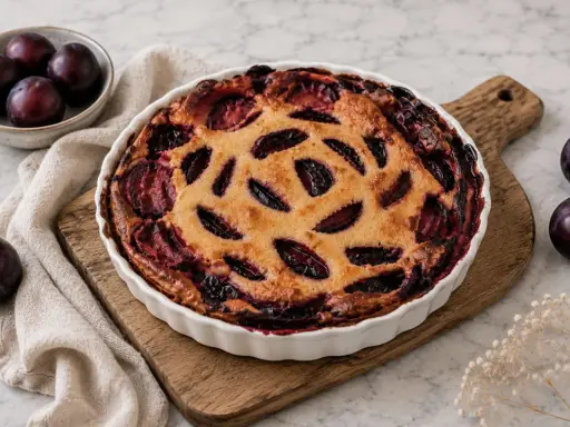 Un délicieux clafoutis aux prunes, doré et garni de fruits juteux, est prêt à être dégusté. Quelques prunes fraîches l'accompagnent.