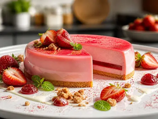 Un délicieux bavarois fraise, orné de fruits frais, de coulis et de crumble, sur une assiette blanche.