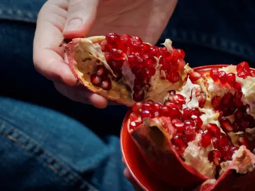 Main d'une personne tenant une grenade fruit éclatée, révélant ses arilles rouges juteuses.
