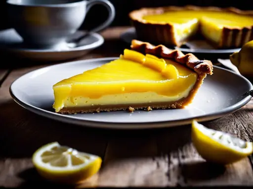 Tranche de tarte au citron, son glacage citron brillant et crémeux, avec des citrons frais et une tasse de café en arrière-plan.