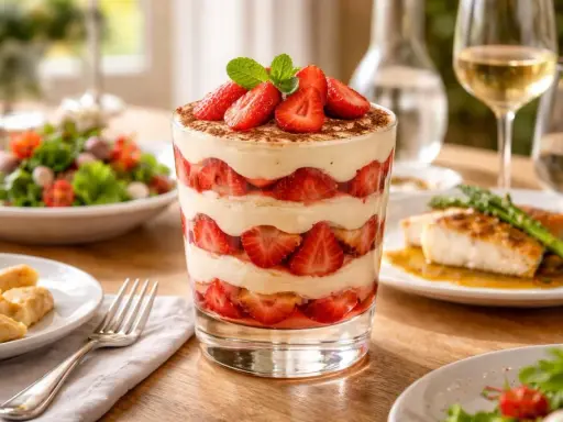Un délicieux tiramisu fraise, superposé de crème onctueuse et de fruits rouges frais, garni de menthe et de cacao.