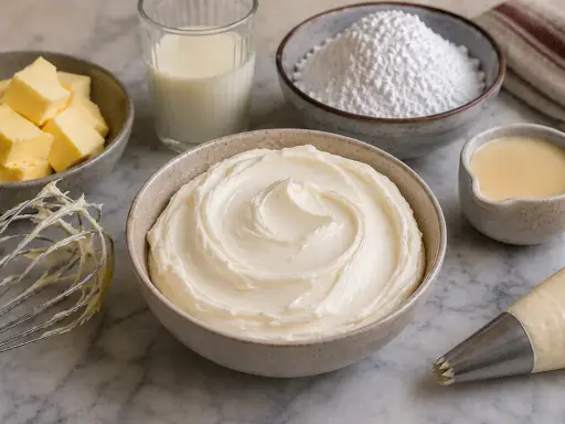 Préparation d'une délicieuse **butter cream** : beurre, sucre glace, lait, et une poche à douille prête à décorer.