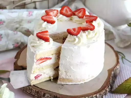 Un délicieux layer cake fraise, garni de crème fouettée et de fraises fraîches, prêt à être dégusté.