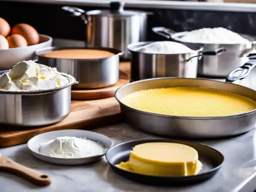 Différents types de moules à pâtisserie sont prêts pour la création de desserts. On y voit des ingrédients comme des œufs, de la farine et de la crème.