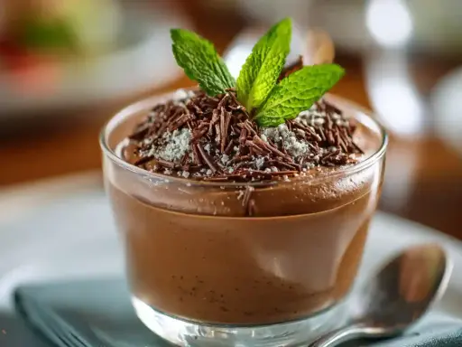 Délicieuse mousse au chocolat, garnie de copeaux de chocolat et d'une feuille de menthe fraîche. Un délice pour les yeux et les papilles.