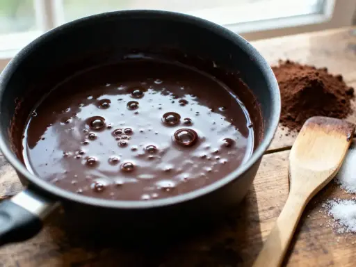 Comment faire fondre du chocolat : une casserole de chocolat fondu, du cacao en poudre, du sucre et une spatule en bois sur une table en bois.