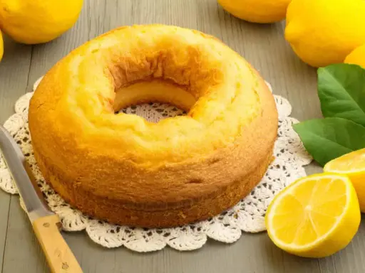 Gâteau moelleux au mascarpone et citron, prêt à être dégusté. Des citrons frais et une touche de verdure complètent la scène.