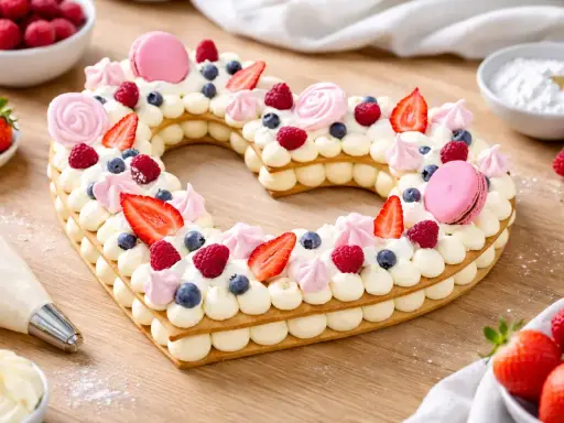 Gâteau en forme de cœur, décoré de fruits rouges, macarons et meringues. Une belle idée de cake design recette pour la Saint-Valentin.