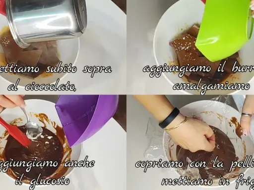 Préparation d'une ganache caramel : ajout de chocolat, beurre, puis glucose. Le mélange est ensuite couvert et mis au frais.