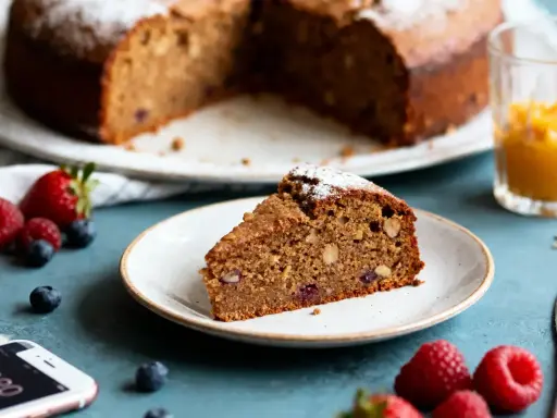 Tranche de gâteau aux noix et fruits rouges, saupoudrée de sucre glace. Une option saine pour un dessert, peut-être préparée avec de la **stevia pour gâteau**.