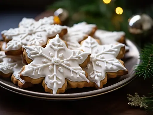 Biscuits en forme de flocons de neige, décorés d'un glacage royal blanc. Ambiance hivernale festive.