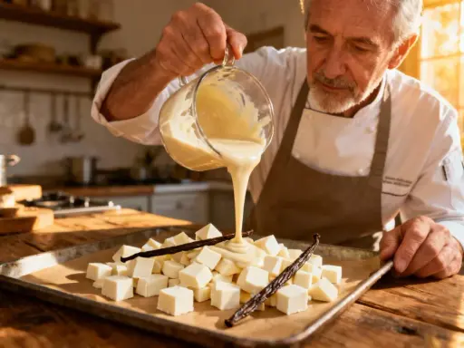 Un chef verse une ganache vanille onctueuse sur des cubes de chocolat blanc et des gousses de vanille.