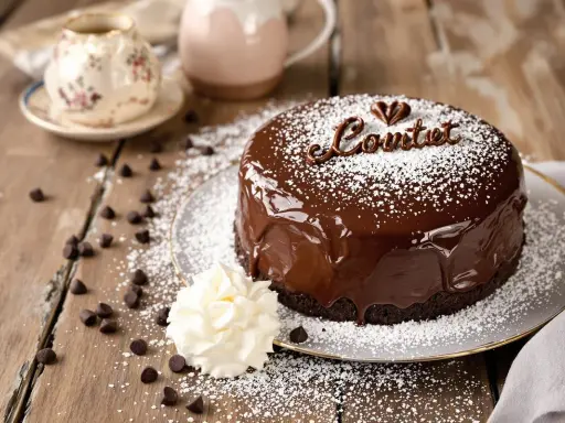 Un délicieux gateau d'anniversaire chocolat, nappé de glaçage brillant et saupoudré de sucre glace. Une touche de crème et des pépites de chocolat complètent cette gourmandise.