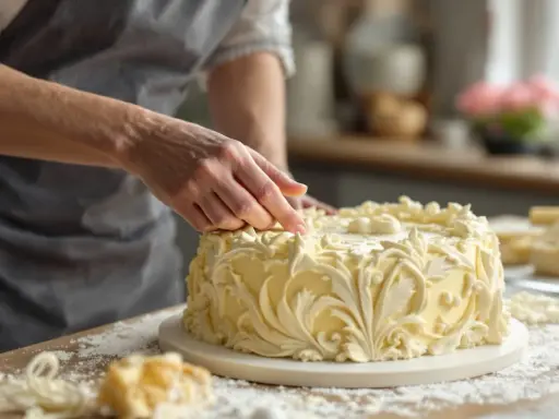 Main d'un pâtissier ajustant la décoration d'un gâteau à la composition pâte à sucre, orné de volutes élégantes.
