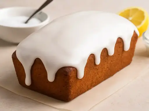 Un délicieux cake au citron recouvert d'un glaçage sucre glace facile, avec une tranche de citron et un bol d'ingrédients à proximité.