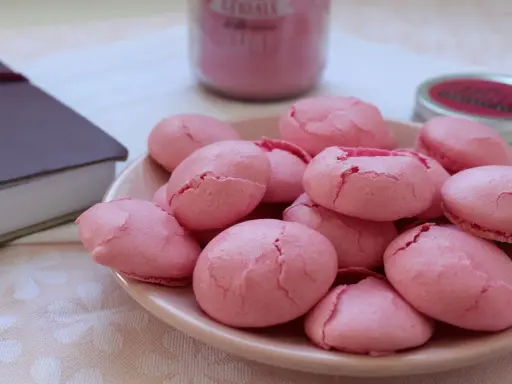 Un bol de coques macarons roses craquelées, prêtes pour la conservation. Un livre et un pot de confiture rose en arrière-plan.