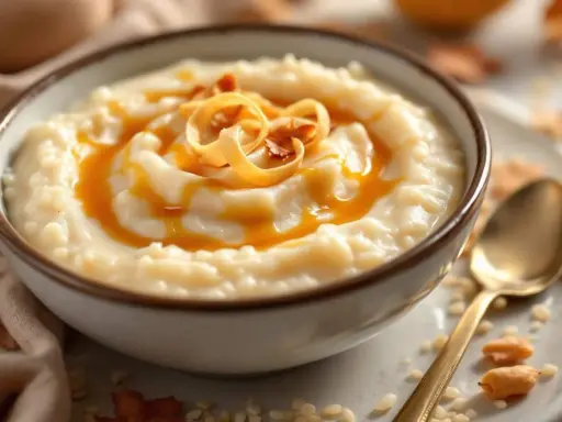 Un bol de riz au lait crémeux, nappé de caramel et garni de copeaux dorés. Une cuillère dorée repose à côté.