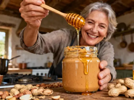Une femme souriante ajoute du miel à un pot de beurre de cacahuète maison. La conservation de ce délice est assurée par sa préparation soignée.