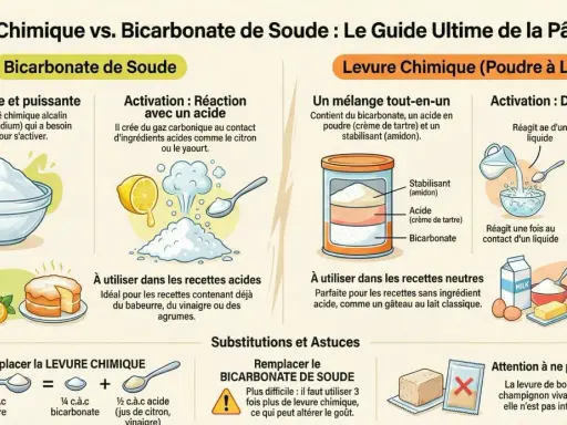 Comparaison levure chimique et bicarbonate de soude. Guide de pâtisserie montrant le dosage, l'activation et l'utilisation de chaque produit.