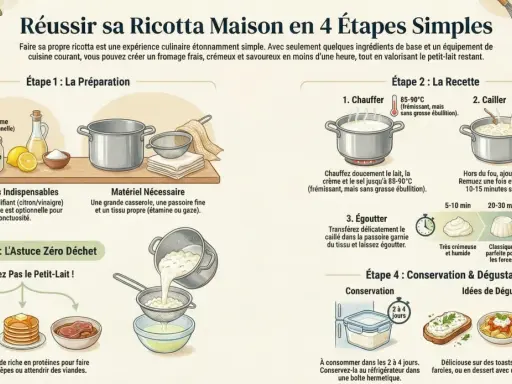 La ricotta maison se conserve 2 à 4 jours au frais. Peut-on congeler de la ricotta ? L'image montre comment la faire et la conserver.