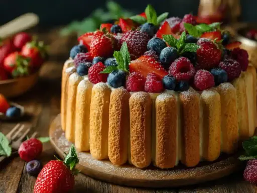 Charlotte aux fruits, un délice visuel et gustatif. Des biscuits à la cuillère entourent une crème onctueuse, le tout couronné de fraises, framboises et myrtilles fraîches.