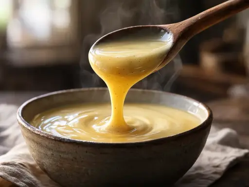 Crème anglaise onctueuse versée d'une cuillère en bois, rappelant la recette grand-mère. Vapeur légère s'échappant de ce délice.