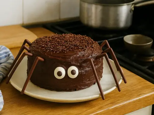 Un **gâteau effrayant Halloween** en forme d'araignée, tout chocolat avec des yeux globuleux et des pattes en bâtonnets. Parfait pour faire frissonner les gourmands !