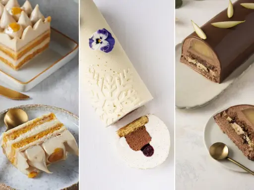 Trois bûches de Noël élégantes : une à la crème et fruits, une blanche givrée, et une au chocolat et poire. Idées pour savoir avec quoi recouvrir une bûche de noël.