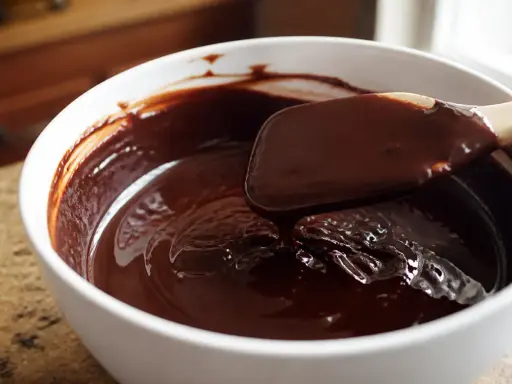 Une spatule mélange une ganache au chocolat brillante dans un bol blanc. Une astuce pour comment rattraper une ganache trop liquide est de la laisser refroidir.