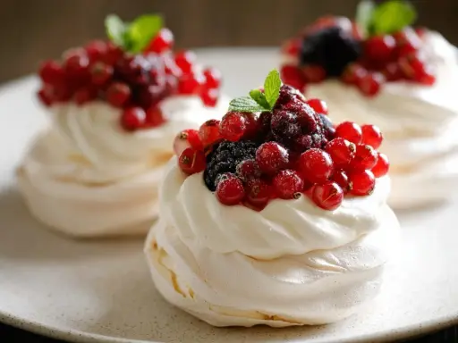 Trois mini pavlovas garnis de crème fouettée et de fruits rouges frais, dont des groseilles et des mûres.
