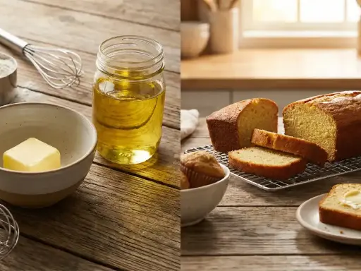 Pour remplacer beurre par huile de coco, voici des pains et muffins dorés. Ingrédients de pâtisserie sur fond de bois.
