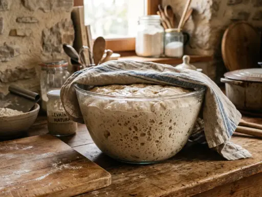 Un levain naturel pétillant dans un bol, prêt à être utilisé. La question "peut on mélanger levure de boulanger et bicarbonate" reste ouverte.
