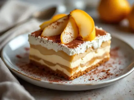 Un déliceux tiramisu vanille aux couches crémeuses et aux fruits, saupoudré de cacao.