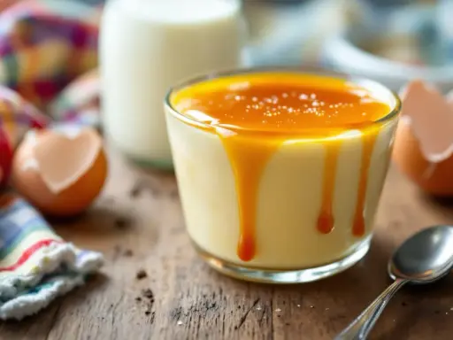 Un délicieux dessert aux oeufs au lait, nappé de caramel coulant, avec des coquilles d'œufs et une bouteille de lait en arrière-plan.