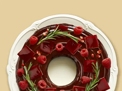 Gâteau angel cake au chocolat, décoré de framboises, de gelée rouge et de romarin.