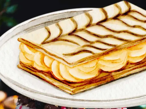 Un délicieux gâteau sec français traditionnel, un mille-feuille aux couches croustillantes et à la crème onctueuse, décoré de volutes de chocolat.