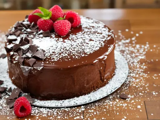 Un délicieux cake au chocolat, nappé de glaçage brillant, décoré de framboises fraîches, de copeaux de chocolat et saupoudré de sucre glace.