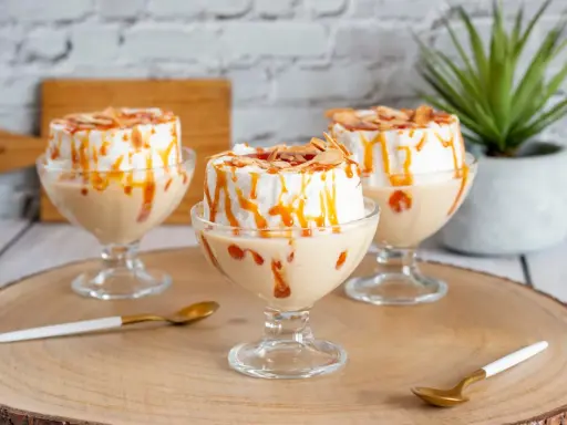 Comment faire une île flottante : trois desserts aériens à la meringue, nappés de caramel et d'amandes effilées, servis dans des coupes.