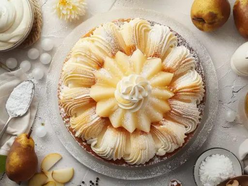 Une magnifique charlotte aux poires, ornée de fines lamelles de fruits et de crème fouettée, saupoudrée de sucre glace.
