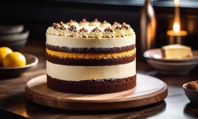 Un magnifique interieur layer cake aux couches de chocolat et de crème, décoré de volutes de crème et de fruits rouges.